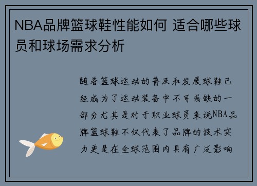 NBA品牌篮球鞋性能如何 适合哪些球员和球场需求分析