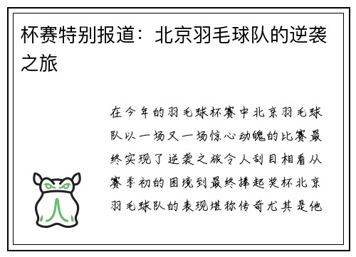 杯赛特别报道：北京羽毛球队的逆袭之旅