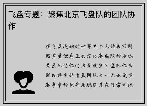 飞盘专题：聚焦北京飞盘队的团队协作