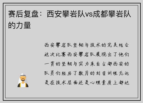 赛后复盘：西安攀岩队vs成都攀岩队的力量