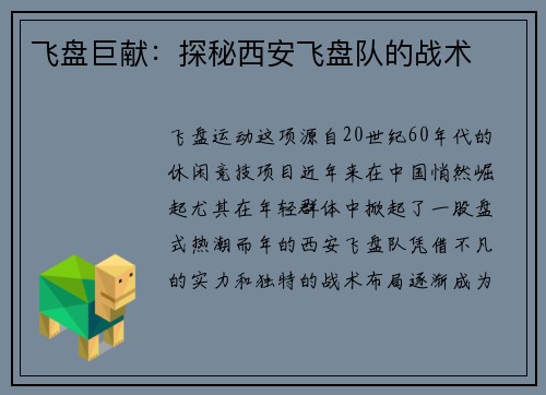 飞盘巨献：探秘西安飞盘队的战术