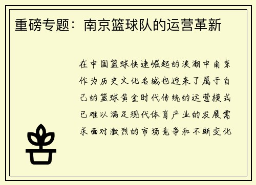 重磅专题：南京篮球队的运营革新
