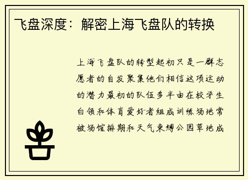 飞盘深度：解密上海飞盘队的转换