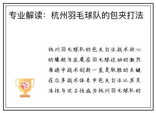 专业解读：杭州羽毛球队的包夹打法