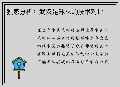 独家分析：武汉足球队的技术对比